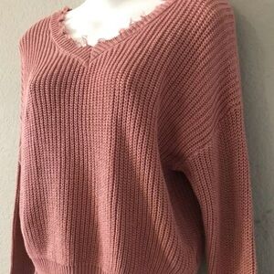 Frayed V-Neck Pink Sweater
